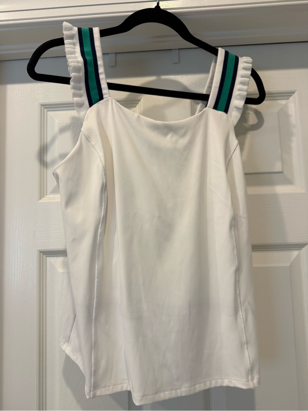 Simply Tide White Ruffled Strap Tank Top with Green-Blue Accent